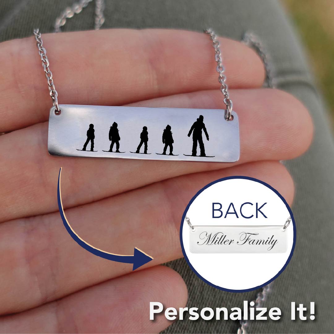 Riding Snowboarding Family - 1 Mom, 4 Kids | Personalized Bar Pendant Necklace - Powderaddicts