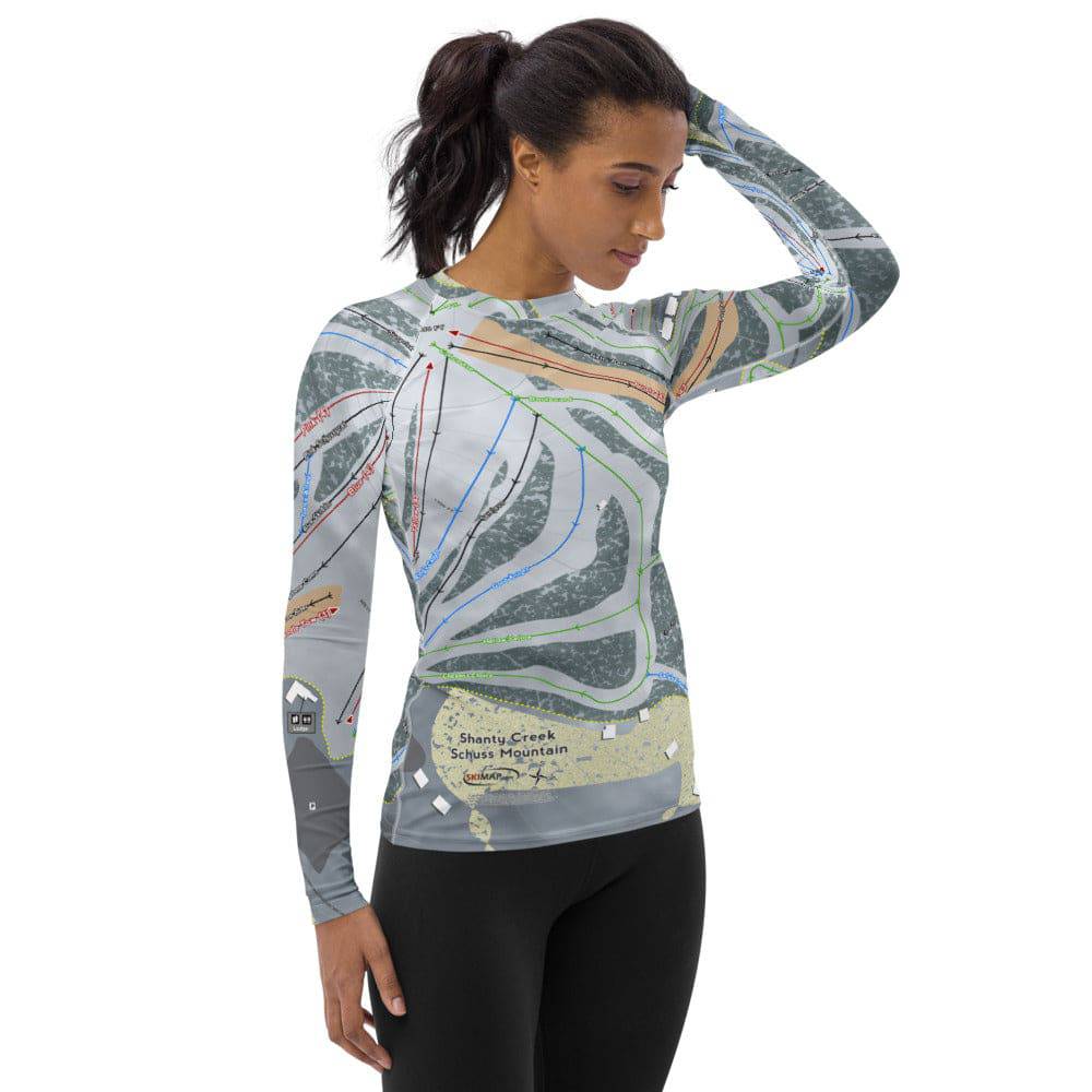 Shanty Creek Schuss Mountain, Michigan Ski Trail Map Women's Base Layer Top - Powderaddicts