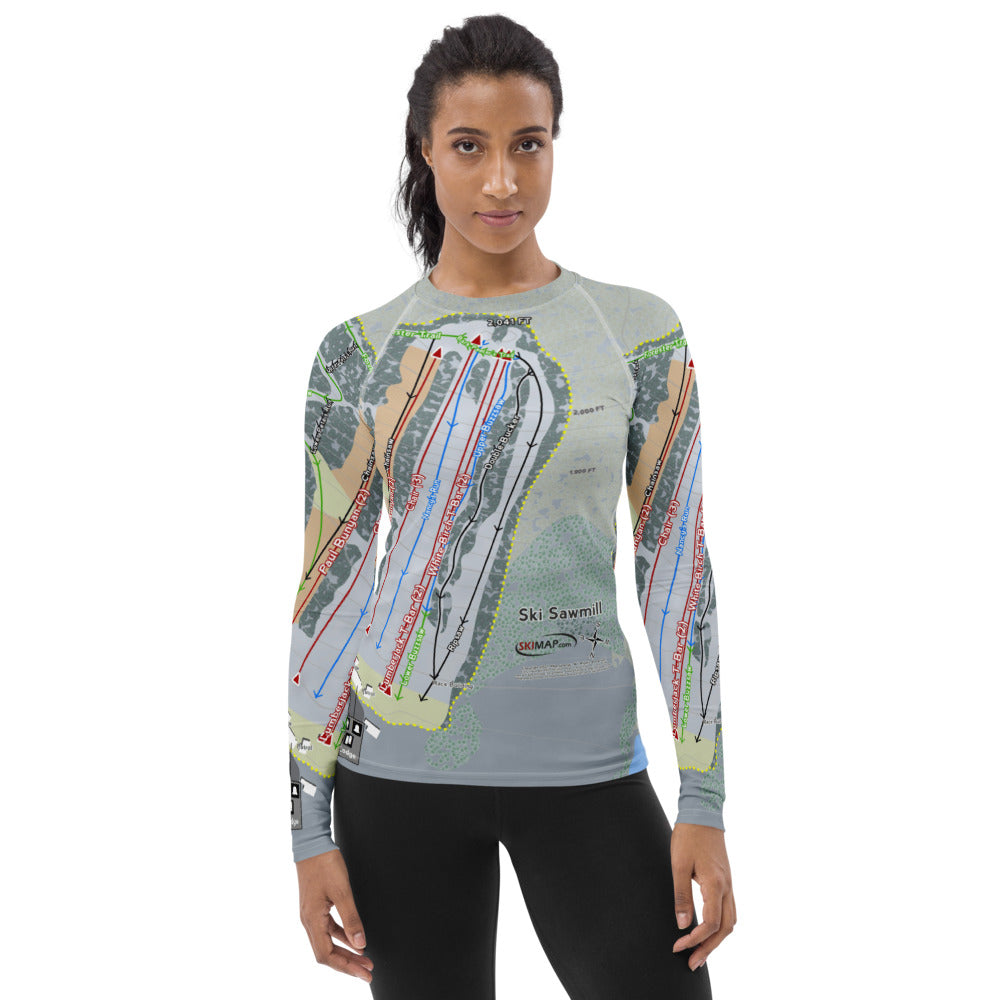 Ski Sawmill, Pennsylvania Ski Trail Map Women's Base Layer Top - Powderaddicts