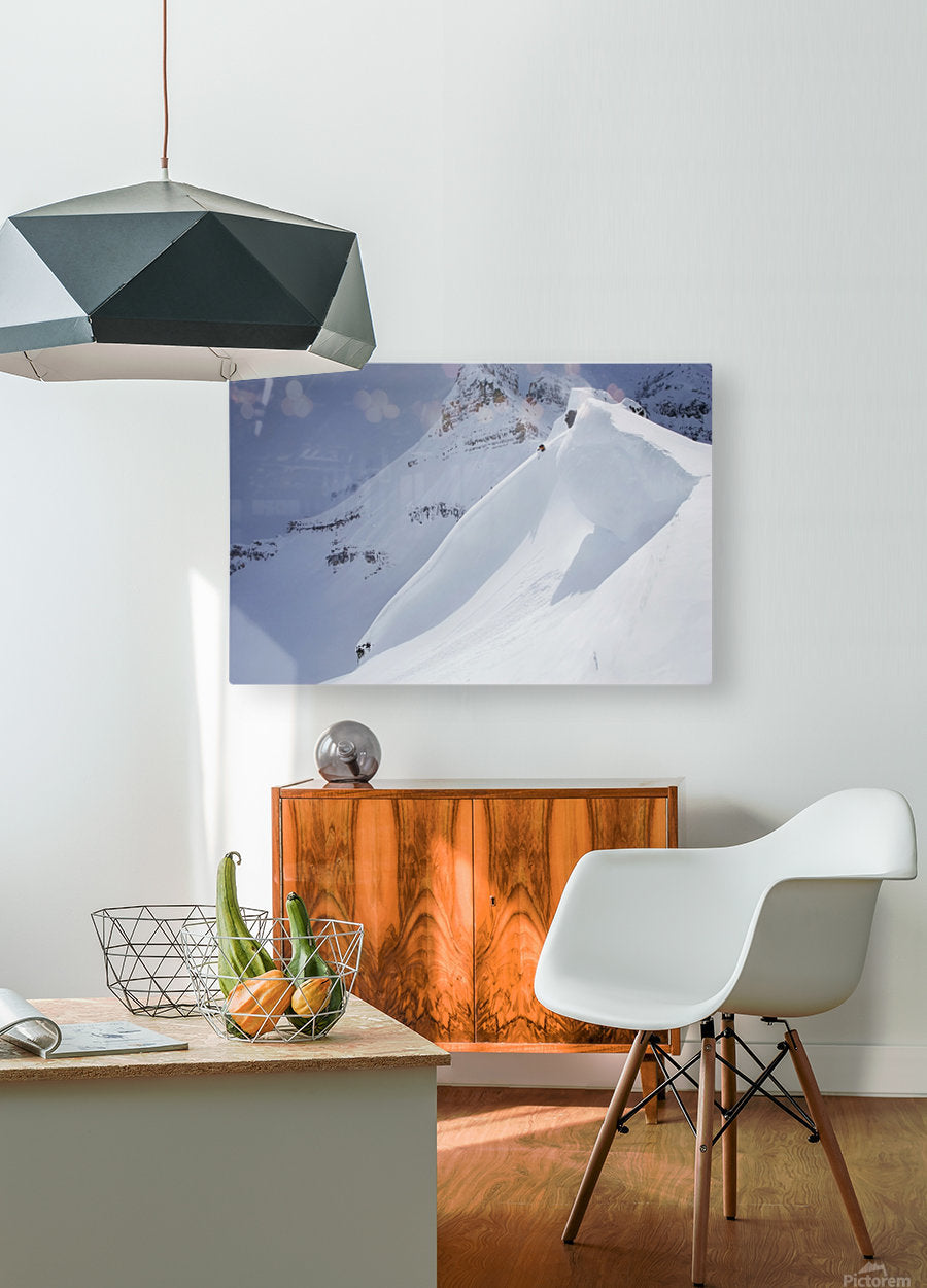 Skier On Crest Of Big Drop, Dwarfed By Mountain; Canada, British Columbia, Icefall Lodge - Powderaddicts