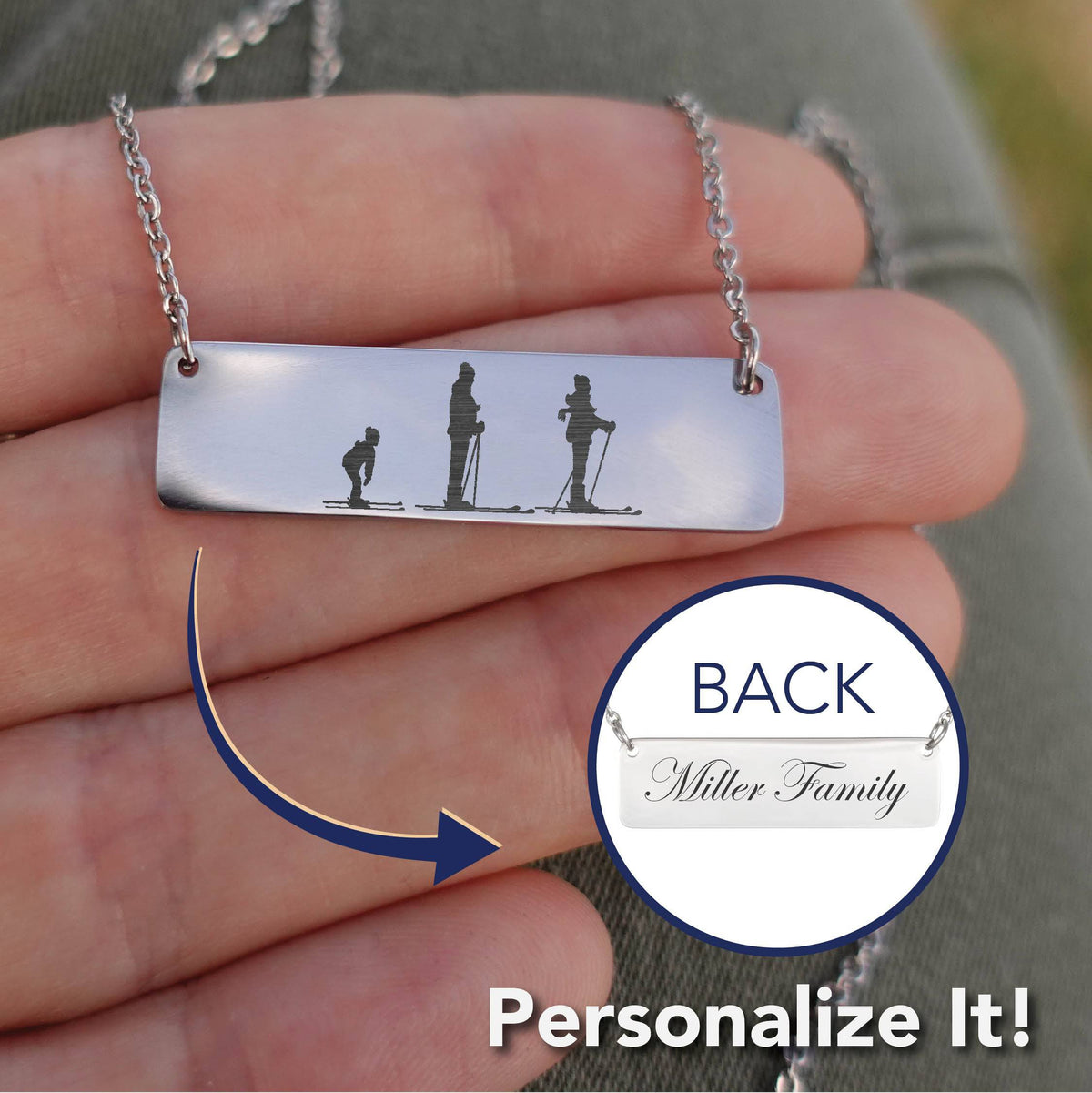 Skiing Family - 1 Mom, 1 Dad, 1 Child | Personalized Bar Pendant Necklace - Powderaddicts