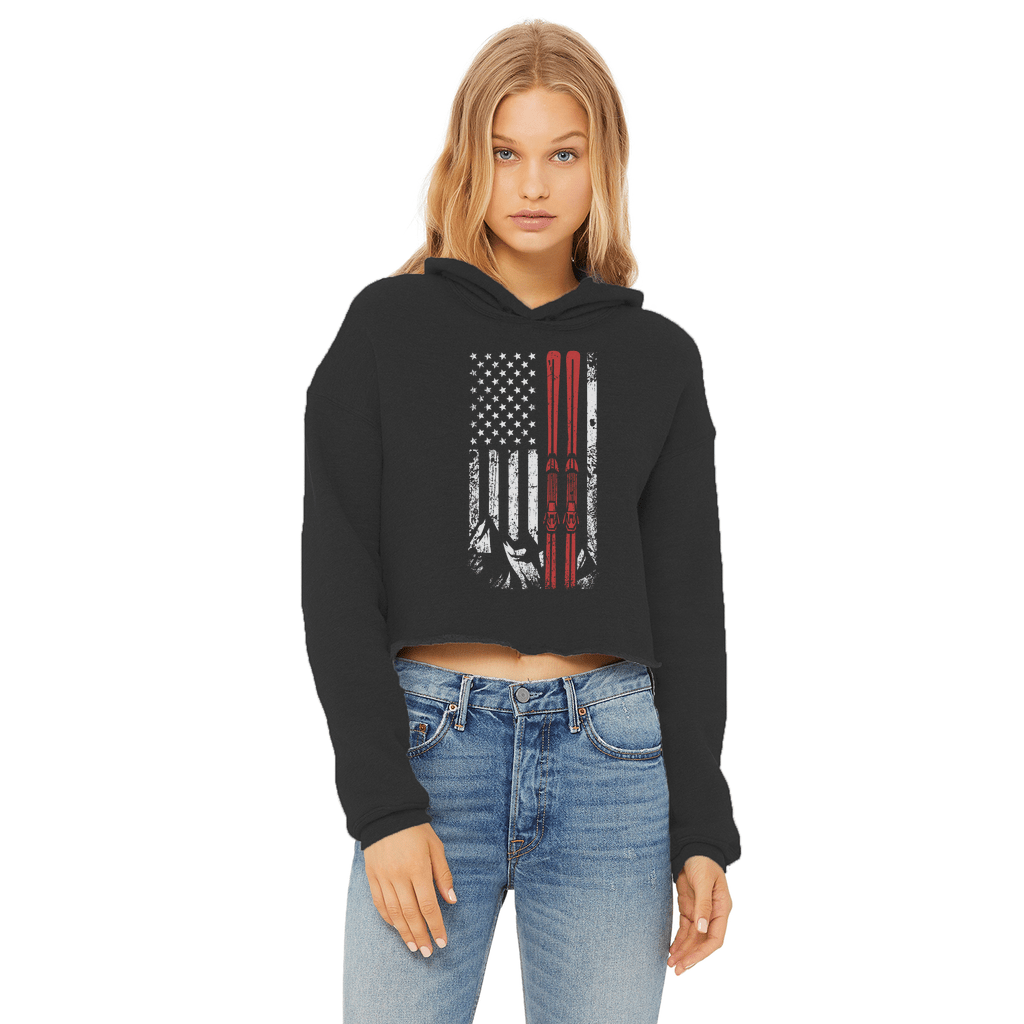 USA Flag - Ski - Thin Red Line Ladies Cropped Raw Edge Hoodie - Powderaddicts