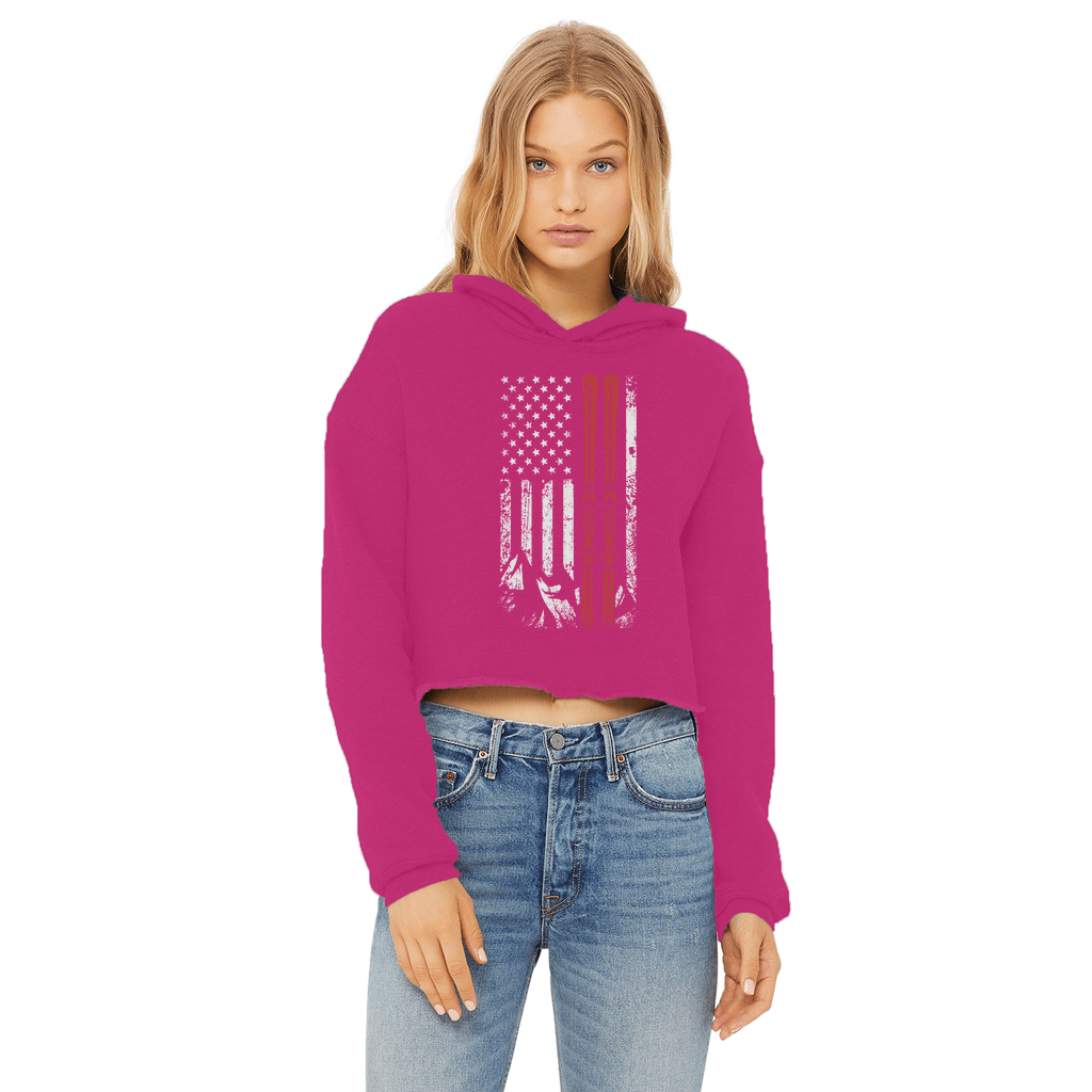 USA Flag - Ski - Thin Red Line Ladies Cropped Raw Edge Hoodie - Powderaddicts