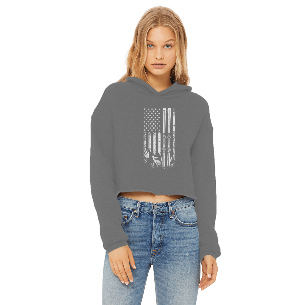USA Ski Flag Ladies Cropped Raw Edge Hoodie - Powderaddicts