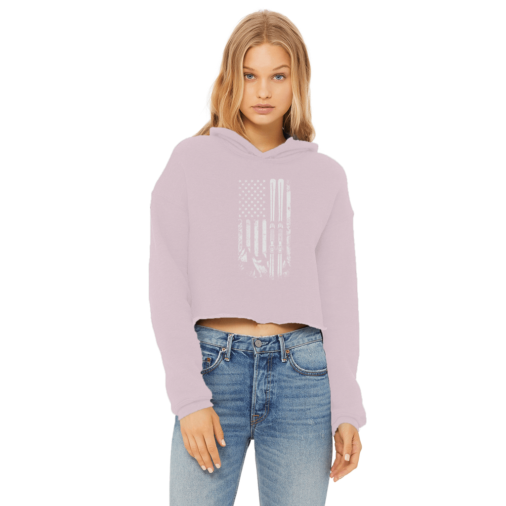 USA Ski Flag Ladies Cropped Raw Edge Hoodie - Powderaddicts