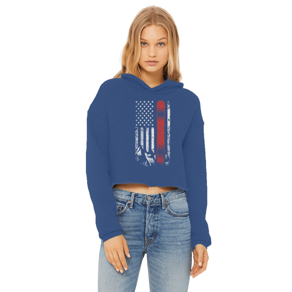 USA Snowboard Flag Thin Red Line Ladies Cropped Raw Edge Hoodie - Powderaddicts