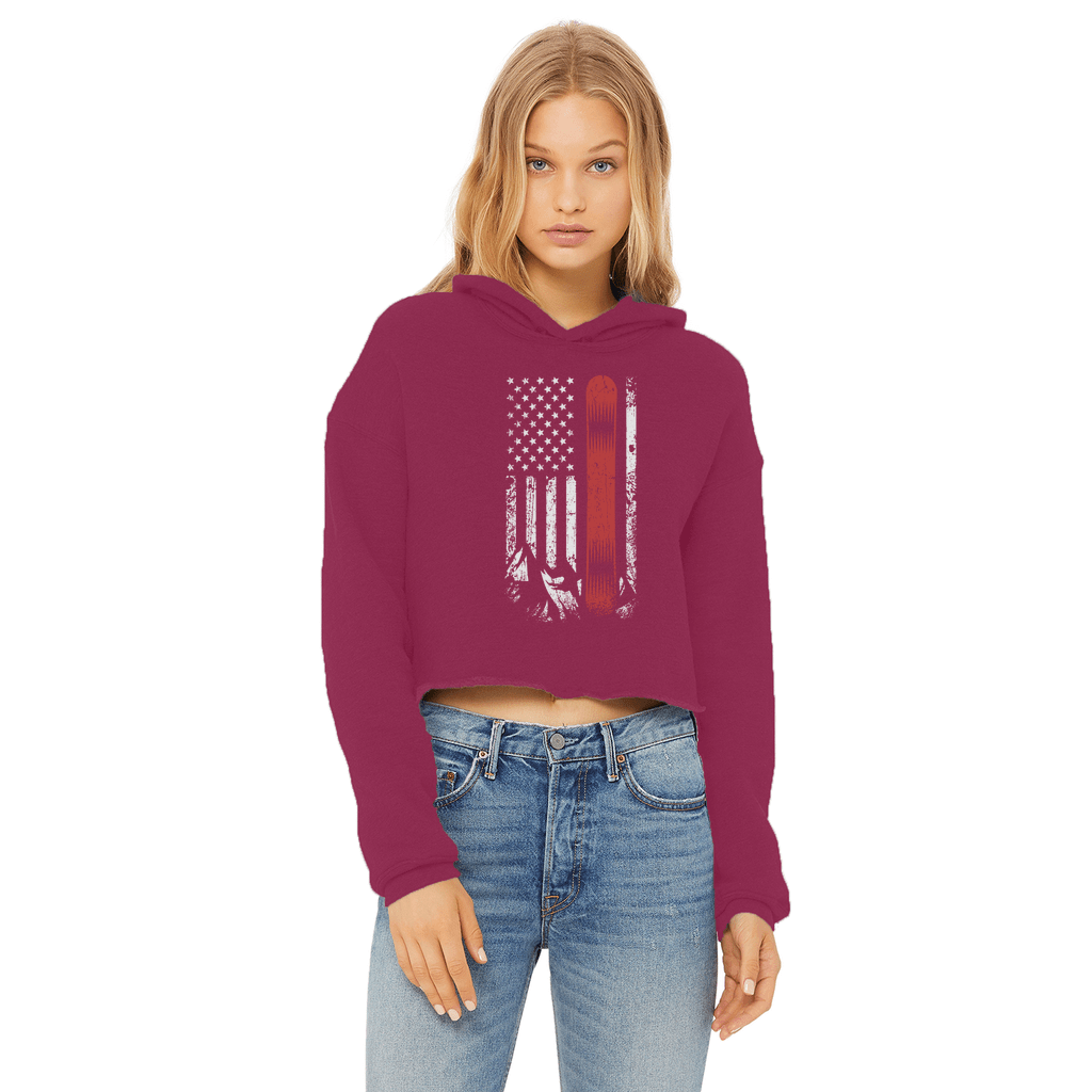 USA Snowboard Flag Thin Red Line Ladies Cropped Raw Edge Hoodie - Powderaddicts