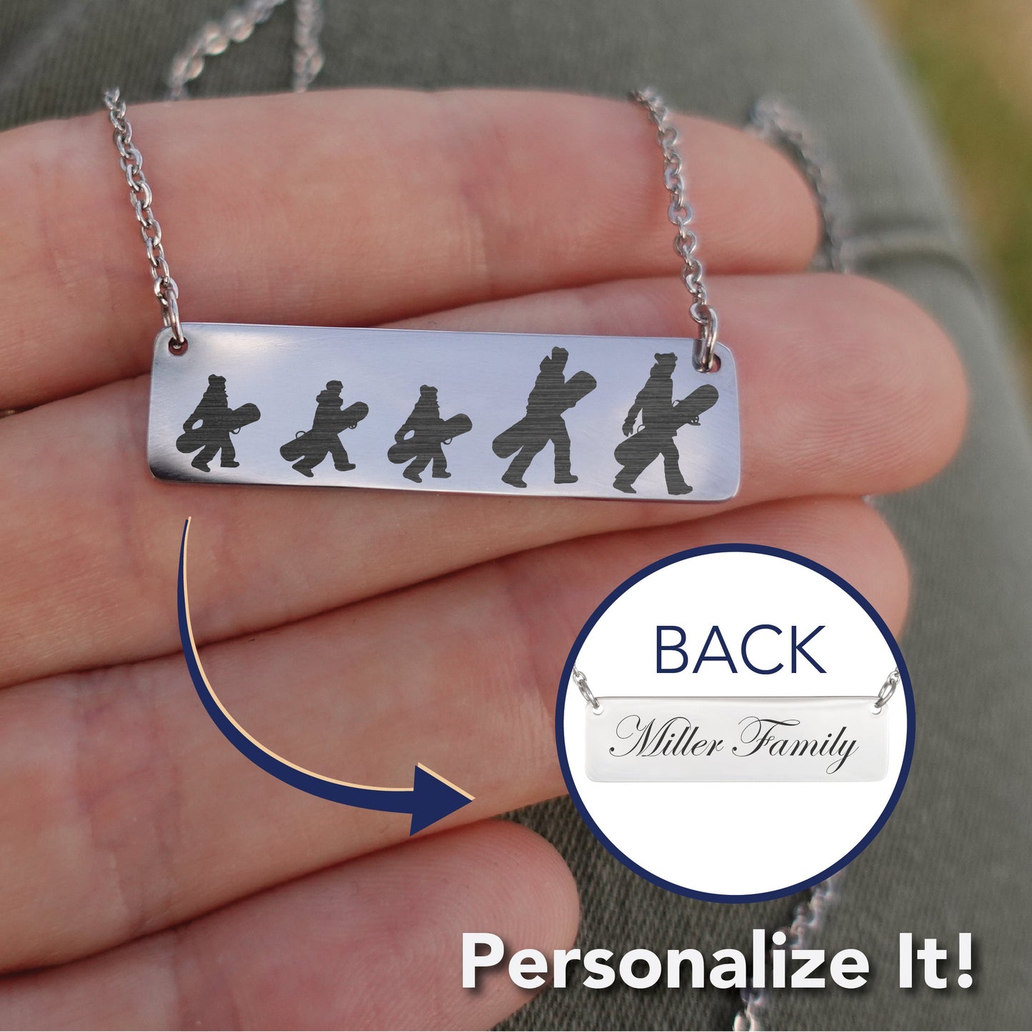 Walking Snowboarding Family - 1 Mom, 1 Dad, 3 Kids | Personalized Bar Pendant Necklace - Powderaddicts