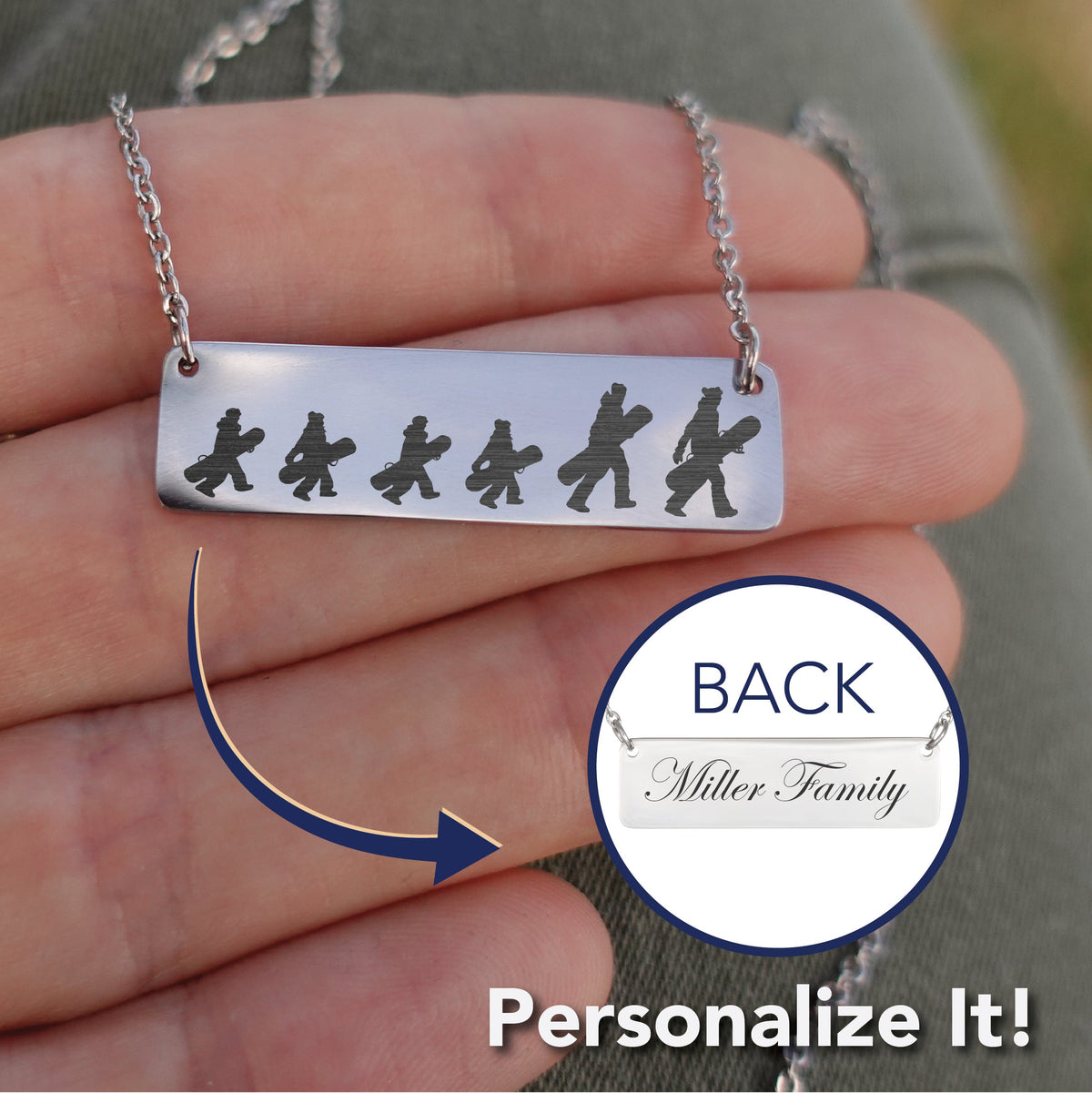 Walking Snowboarding Family - 1 Mom, 1 Dad, 4 Kids | Personalized Bar Pendant Necklace - Powderaddicts