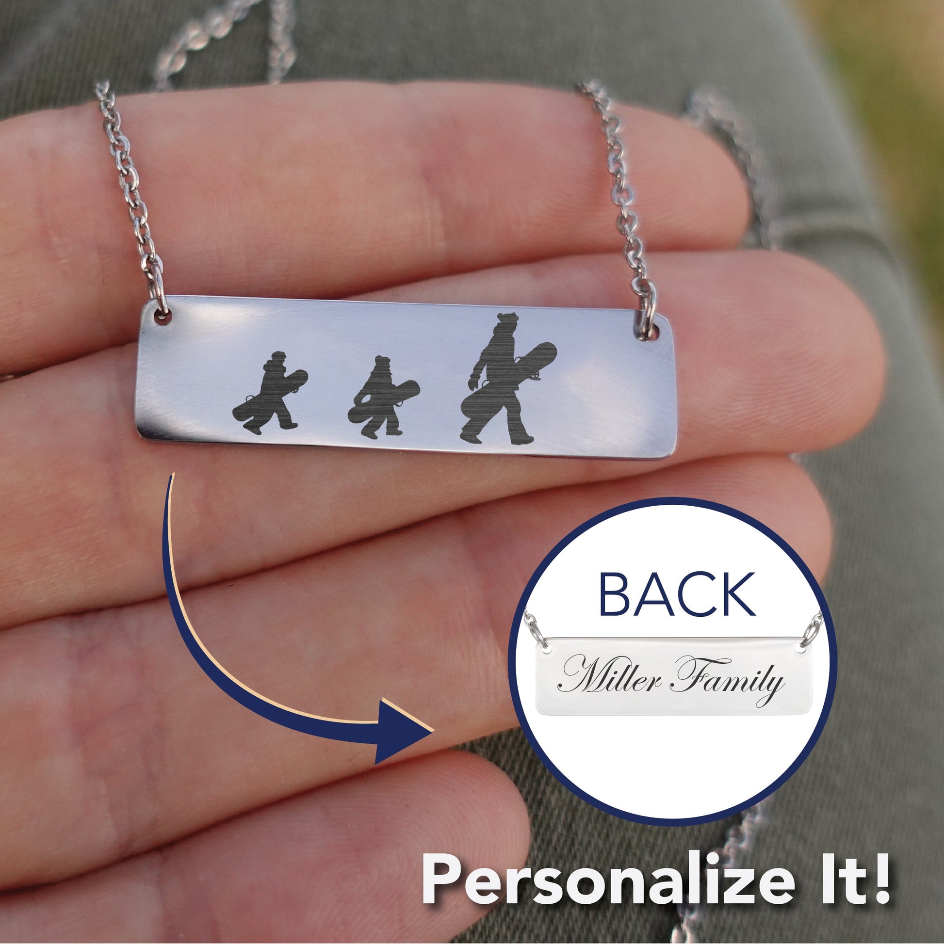 Walking Snowboarding Family - 1 Mom, 2 Kids | Personalized Bar Pendant Necklace - Powderaddicts