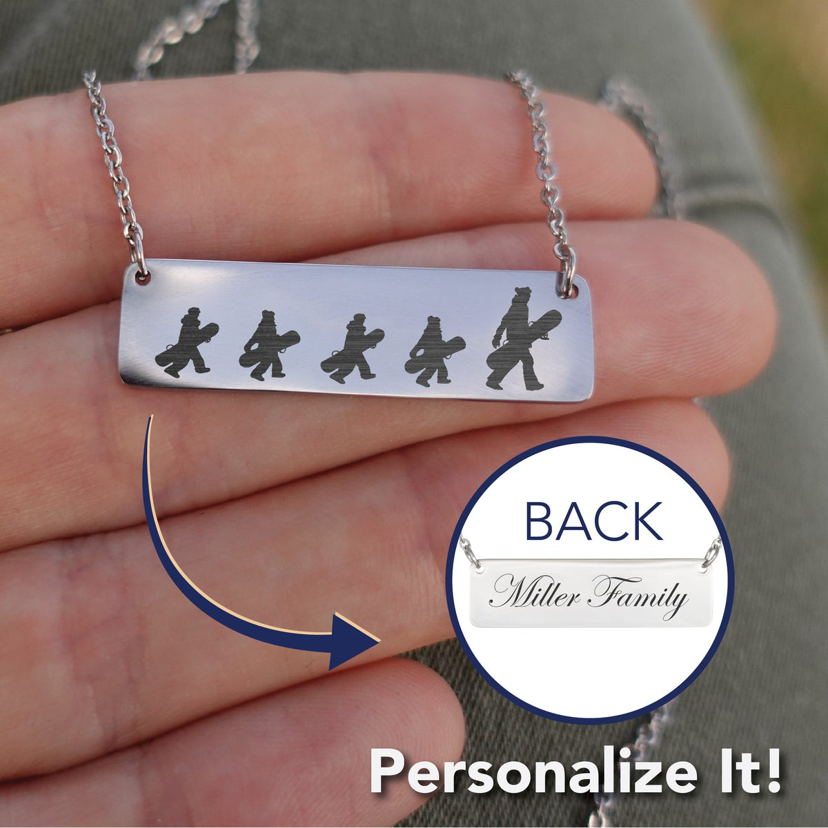 Walking Snowboarding Family - 1 Mom, 4 Kids | Personalized Bar Pendant Necklace - Powderaddicts
