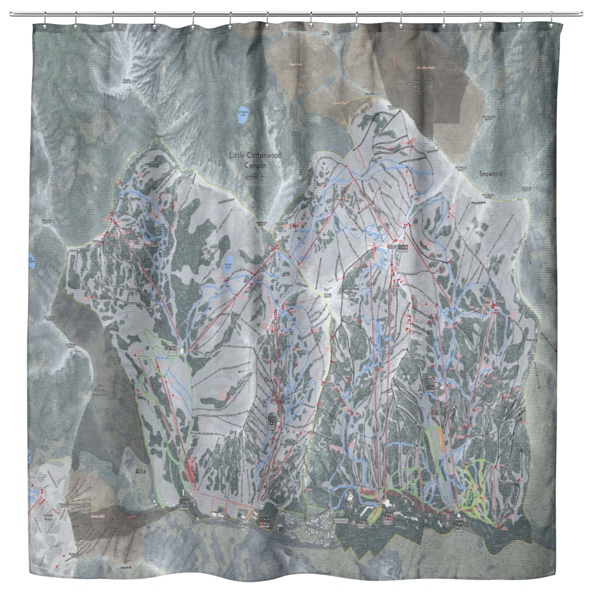 Little Cottonwood Canyon, Utah Ski Trail Map Shower Curtain - Powderaddicts